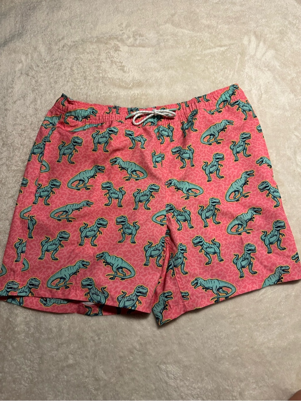 Men's Pink Dino-Print Swim Trunks with Teal Accent
